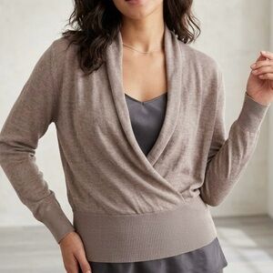 H&M Basic Taupe Wrap Front Surplice Knit Banded Waist Top Sweater Boho Chic